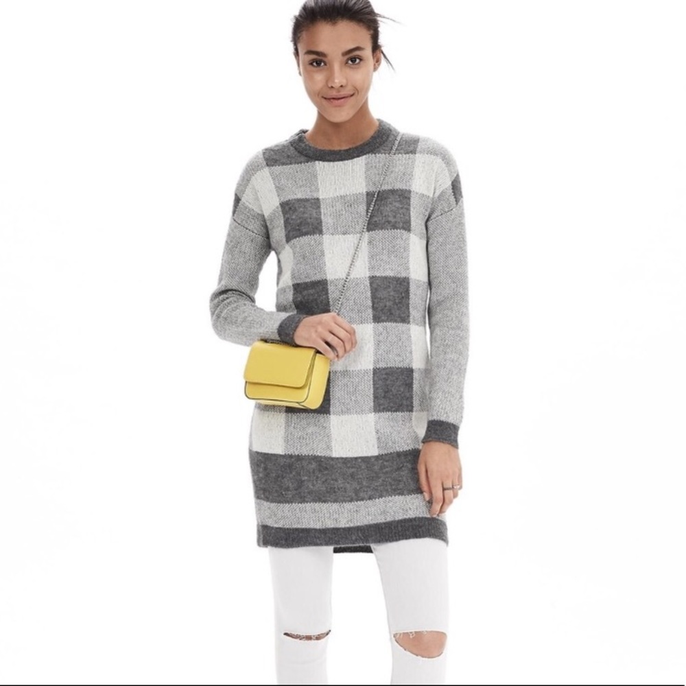 Banana Republic Gray Buffalo Check Sweater Dress